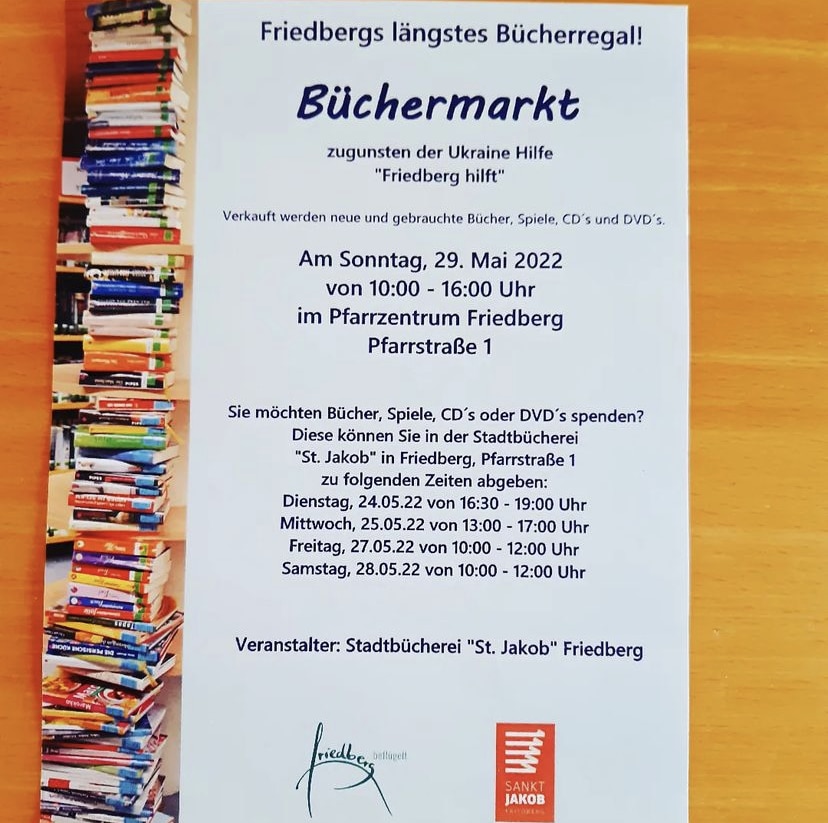Unsere Stadtbücherei St. Jakob veranstaltet am 29. Mai 2022 einen Büchermarkt im Pfarrzentrum