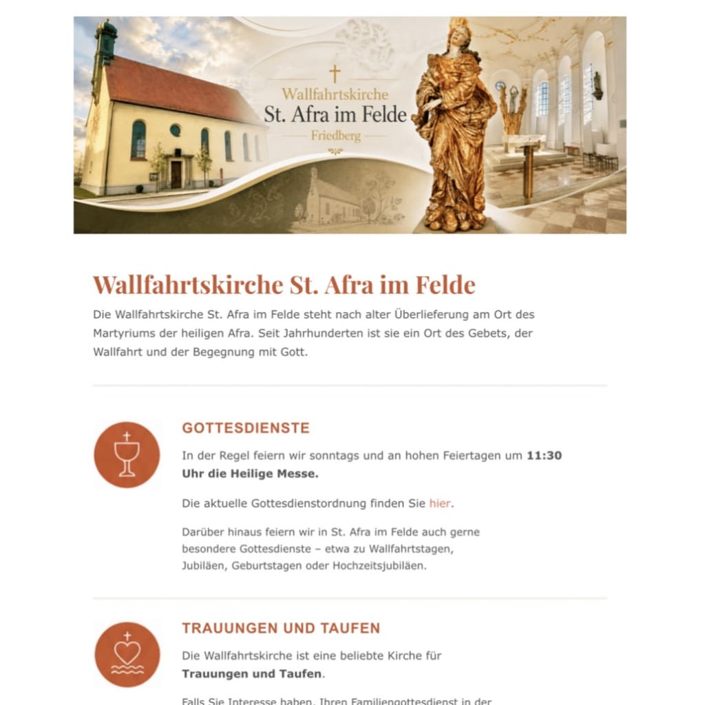 Pünktlich zum Afra-Fest wurde die Website der Wallfahrtskirche St. Afra im Felde aufgefrischt.